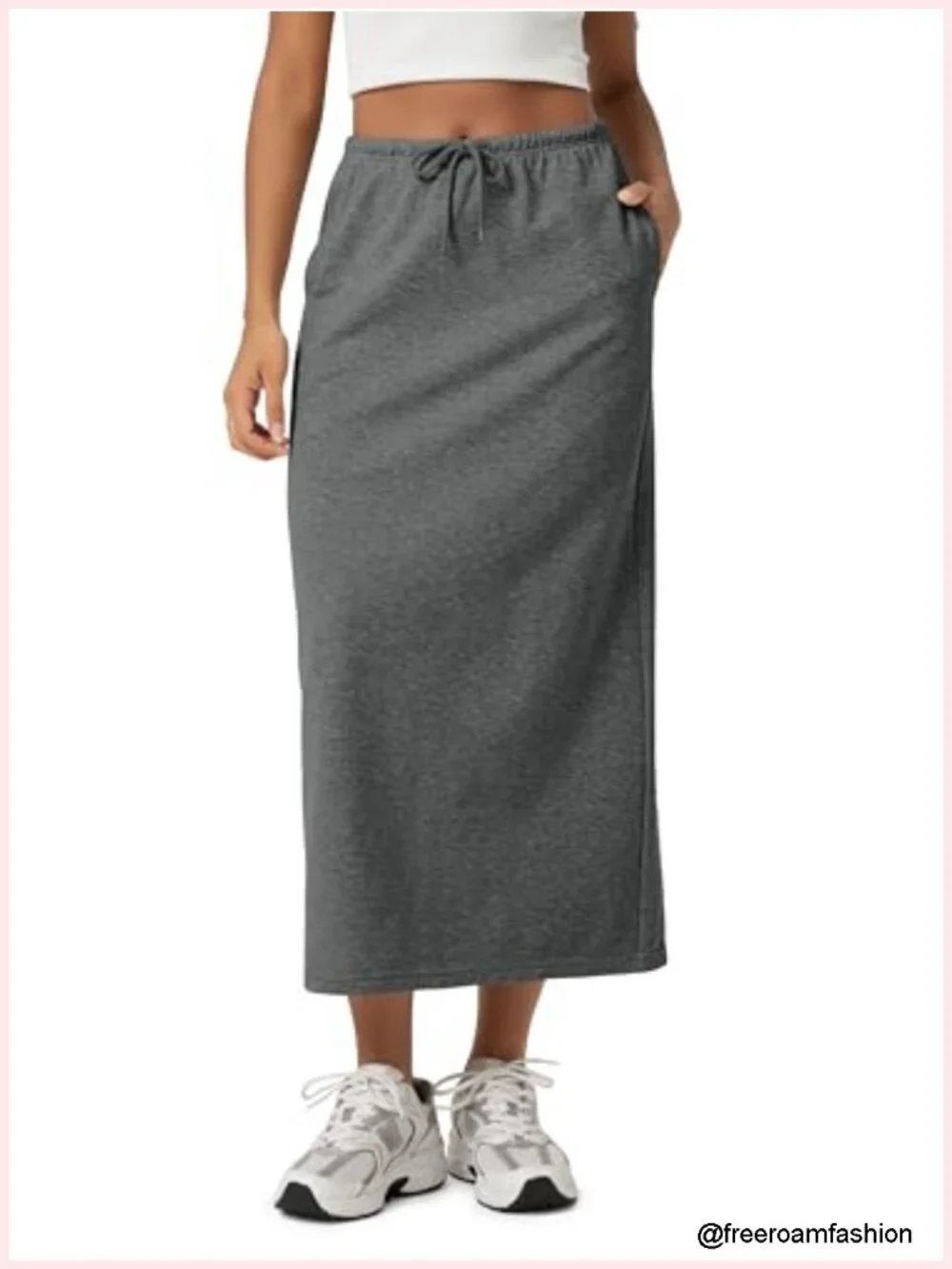 Cotton French Terry Back Split Midi Skirt with Pockets High Waist Drawstring